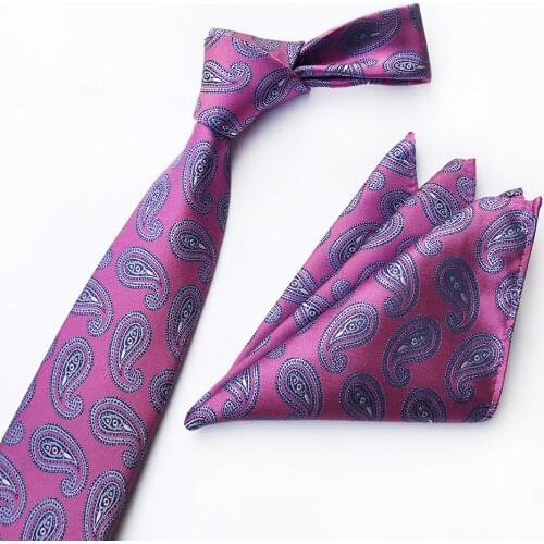 8cm Neck Ties Set Rose Red with Blue Paisley Cravat with Pocket Square