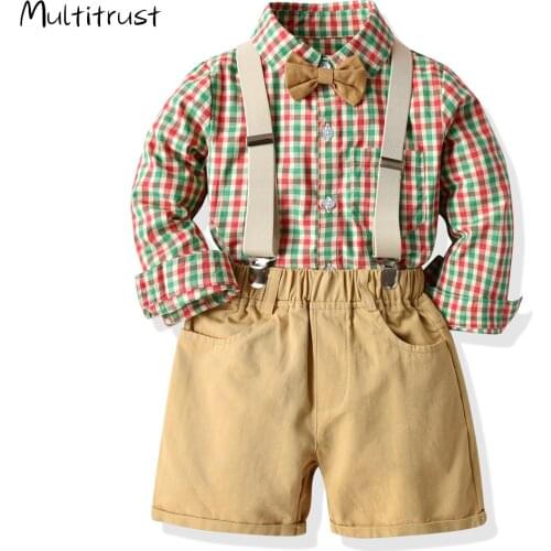 New 3Pcs Kids Baby Gentleman Suit 1-7Y Boys Clothes Long Sleeve Plaid Top+Long Pants+Bow Tie Outfits