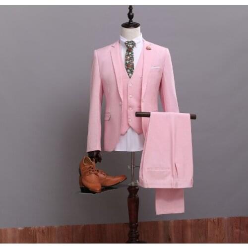 Jacket+Pants+Vest) Custom Made High Quality Pink Groom Tuxedos Nice Suit for Bestmen Bridegroom/Wedding/Prom/Dinner Suits