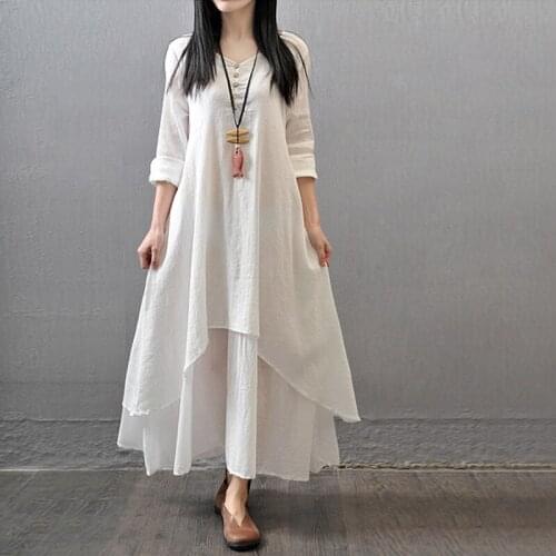 Women Spring Autumn False Two piece Long Sleeve Round Neck Loose Big Size Irregular Dresses Cotton Linen Ankle Length Maxi Dress
