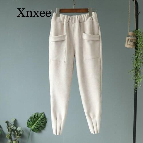 Loose Womens Suede Pants Autumn Winter Elastic beige Pockets Harem Trousers Casual Plus Size Cashmere Women Carrot Pants