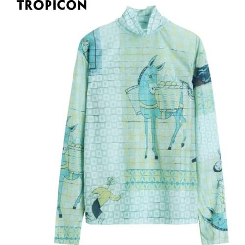 TROPICON Cartoon T Shirt Long Sleeve Tees Blue Loose Turtleneck Women Plaid Abstract Print Top See Through Fashion Tshirt