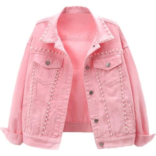2021 Fashion White Denim Jacket Women Spring Autumn Short Beaded Single-Breasted Korean Loose Jeans Coat Female Outerwear G967