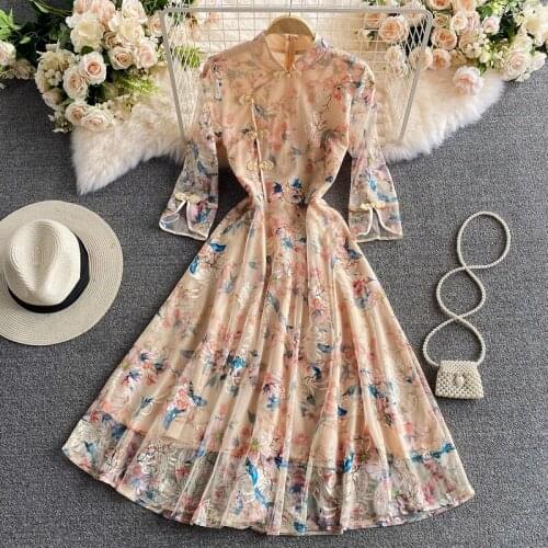 Aibeautyer New 2021 Summer Vintage Floral Print Dress V Neck A Line Elegant Stand Collar High Waist Women Dresses