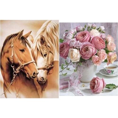 Diy Round Drill Diamond Painting Cross Stitch "Coffee & Rose"& 5D Diy Diamond Painting "Ma Couple"