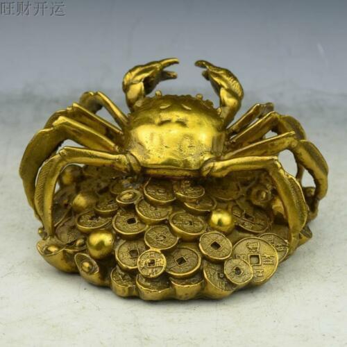 Antique china brass hand made fengshui lucky Crab coin ingot statue