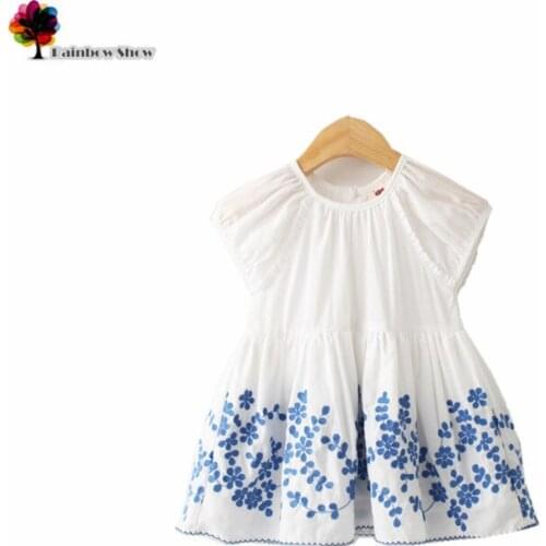 New Children Clothing Summer Girls Blue Embroidery Florals Puff Sleeve Lovely Cotton Dress Kids Dresses