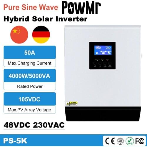 PowMr 5000VA 48VDC 230VAC Output Pure Sine Wave Hybrid Off Grid Inverter Build in 50A PWM AC Charger Solar Charge Controller