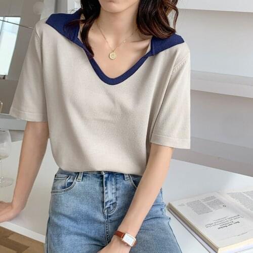 Harteen v-Neck Korean Fashion Knitted t-Shirt Womens Clothes Short Sleeve Summer 2021 New Femme Top Solid Blusa De Frio Feminina