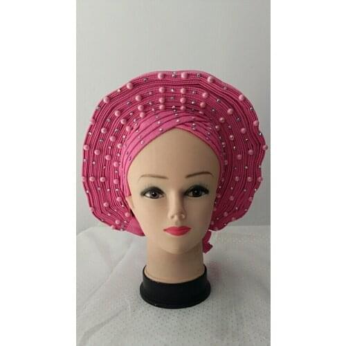 Fashion Women African Aotogele Headtie Aso Oke With Beads And Stones 2020 High Quality Lace Latest Women Head Tie 1piece/lot