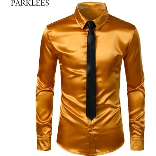 Mens Gold Silk Satin 2 Pcs Dress Shirts (Shirt+Tie) Brand Slim Fit Button Down Wedding Party Prom Shirt Male Chemise Homme 3XL
