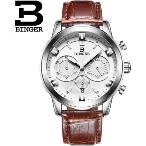BINGER Men luxury Watch Men Chronograph Sport Watch Genuine Leather Men Quartz Wristwatch relogio masculino Waterproof B-9011G