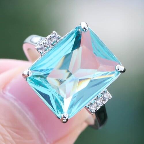 Wedding Blue Square Crystal Stone Ring Silver Color Cubic Zirconia Rings for Women Engagement Party Gift Jewelry Accessories