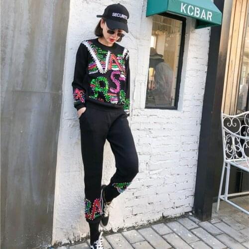 Autumn And Winter Sequins Letters Knit Tracksuit Women 2 Piece Set Loose Beading Sweater and Pants Two-Piece Suit