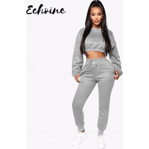 Autumn Winter Womens Set Full Sleeve O-Neck Crop Top Long Pants Add Wool Solid Two Piece Set Tracksuit Outfits Sportswear S-2XL
