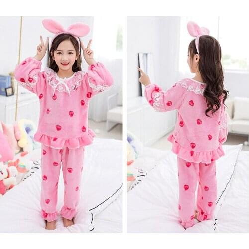 4-10 Y Kids Pajamas Sets Autumn Winter Thicken Flannel Printing Cardigan Top Pants 2pcs Big Girls Home Wear Children Sleepwear