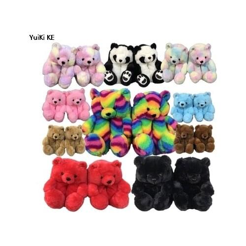 Plush Teddy Bear House Slippers Brown Women Home Indoor Soft Anti-slip Faux Fur Cute Fluffy home slippers Women Winter Warm Shoe