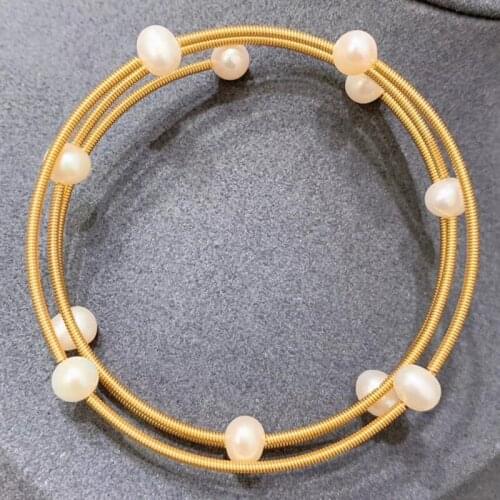 Refined work design multi rows white natural fresh water pearl gold thread handmade stretch women bracelet