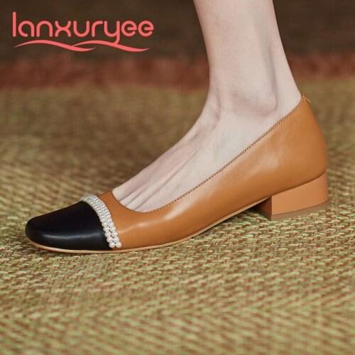 Lanxuryee genuine leather square toe med heel mixed colors pearl decoration beauty lady dating slip on fashion women pumps L56