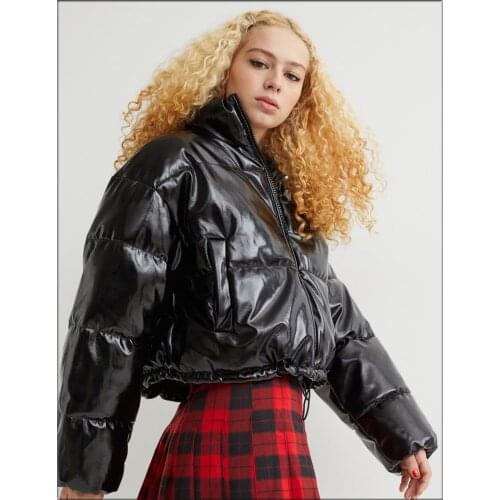 AW Lady Patent Faux Leather Stitched Puffy Short Coat Black/Powder Pink/Burgundy/Nude Khaki PU Vinyl Zip-Up Padded Moto Jacket