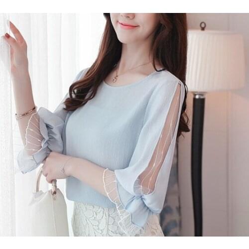 2021 fashion chiffon womens clothing summer half sleeve light blue women shirt blouse sweet o-neck womens tops