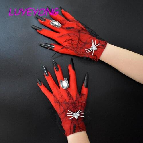 Lady Spider Skull Accessory Lace Wrist Length Cool Hipster Satin Gloves Scare Prop Red Gothic Women Halloween Glove 2020 Novelty
