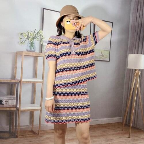 2 pieces set 2020 summer women designer casual wave striped hollow out short sleeve knitted sweater top + mini skirt sets JC408