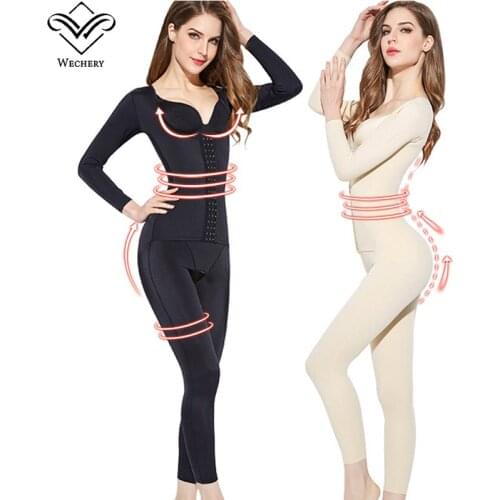 Wechery Shaper Women Shapewear Eyes and Hook Slimming Bodysuit Full Length Long Sleeve Body Shaper Open Crotch