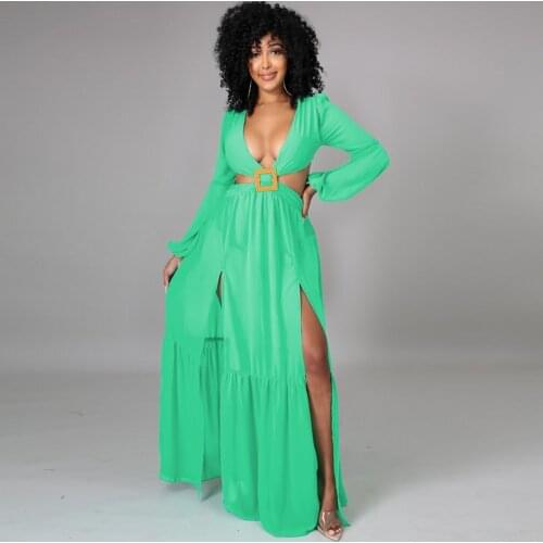 Women Summer Waist Cut Out Backless Maxi Dress 2021 Yellow Boho Beach Dress Evening Party Long Sleeve Dress Vestidos Female
