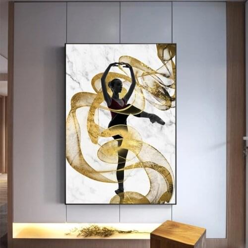 Golden Ribbon and Dancing Girl Canvas Painting Modern Abstract Art Painting Nordic Style Interior Decoration Painting(No Frame)