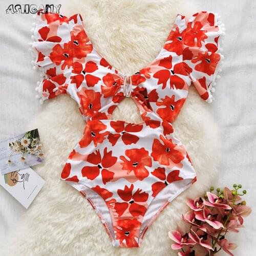 2021 Beach Swimsuit V Neck One Piece Swimwear Women Bodysuit Monokini Summer Print Floral Swim Wear Cut Out Bathing Suits