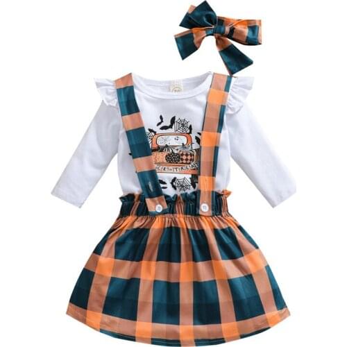 3Pcs Baby Outfits Girls Halloween Clothing Suit Long Sleeve Cartoon Bodysuit + Plaid Suspender Skirt + Headband Party Costume
