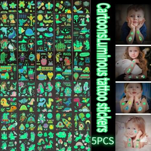 5pcs/lot Luminous Tattoo Face Temporary Color Unicorn Mermaid Dinosaur Tattoo Child Cute Tattoo Sticker Body Tattoo for Kids