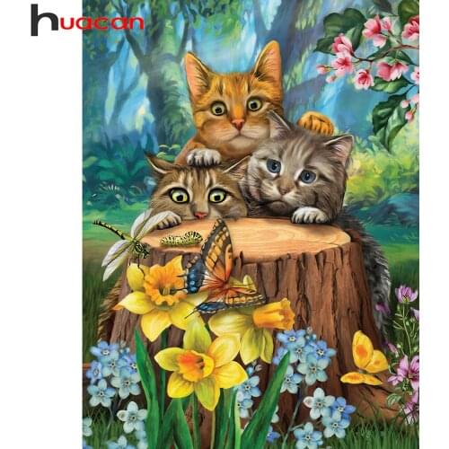 Huacan Diamond Embroidery Mosaic Cat Animal Full Square/round Diamond Art Painting Flower Forest Scenery Wall Decor
