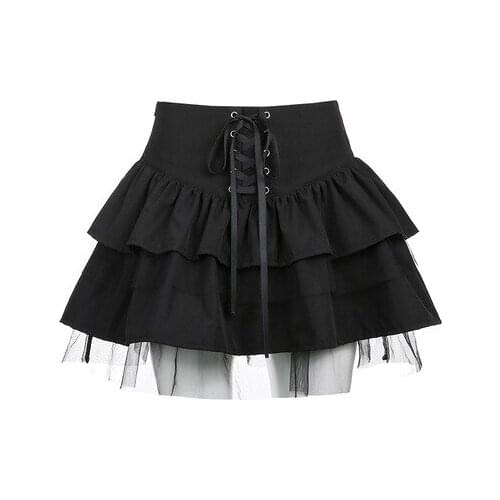 Gothic Harajuku Hot Girl Black Punk Lace Bandage Skirts Streetwear Fashion High Waist Mini Pleated Skirt New