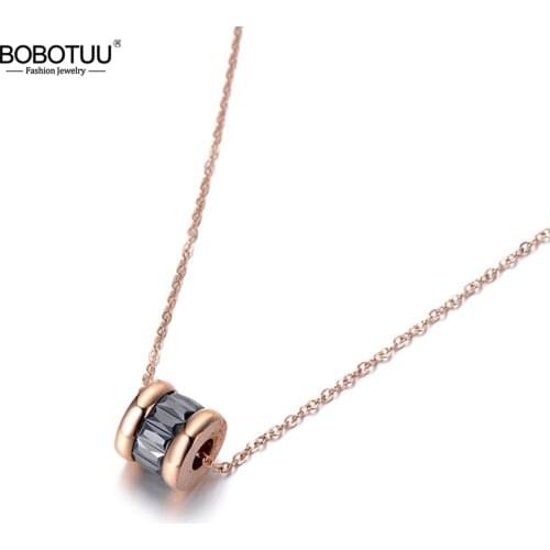 BOBOTUU Classic Cubic Zirconia Circle Chokers Necklaces Roman Numeral Gold Color Stainless Steel Female Pendant Jewelry BN19023