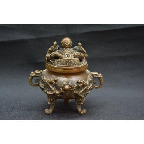 Collectable Old Ming Dynasty Copper Incense Stove \ Censer,Nine dragon,with mark, Free Shipping
