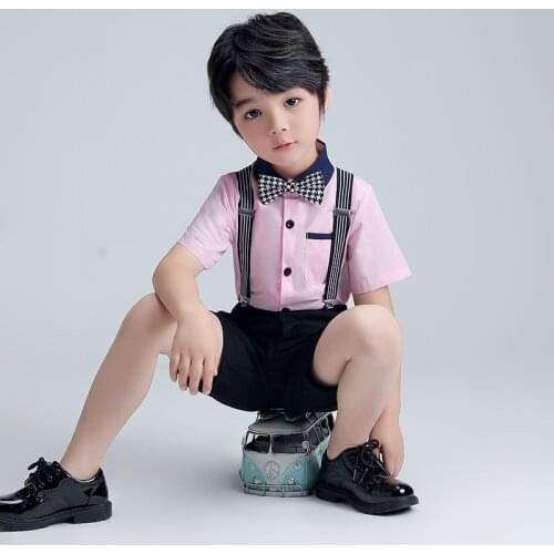 Kindergarten Kids Prom Dress Costume Boys T Shirt +Shorts+Suspender+Tie 4PCS Clothing Set Childrens Day Chorus Photograph Suit