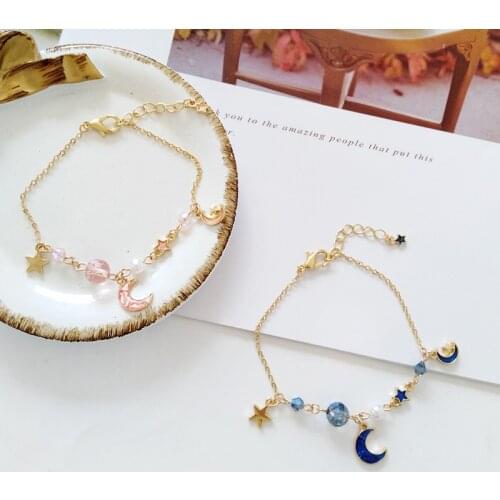 Beautiful Girls Little Star Pink Moon Pendant Simple Simulated-pearls Bracelets Best Friends