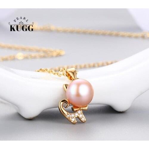 KUGG PEARL 14K Gold Filled Women Pendant Half Round Natural Freshwater White Pearl Necklace Fine Handmade Jewelry Cat Shape
