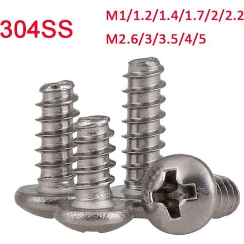 M1 M1.2 M1.4 M1.7 M2-M5 304 Stainless Steel Round Head/Pan Head Phillips Flat Tail Self-tapping Screws Pan Head Cross Bolts
