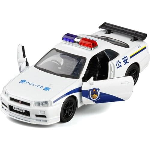 1:36 High Simulation Nissan GT-R R34 Police Car Toy Open Door Pull Back Alloy Car Model toys for children gifts