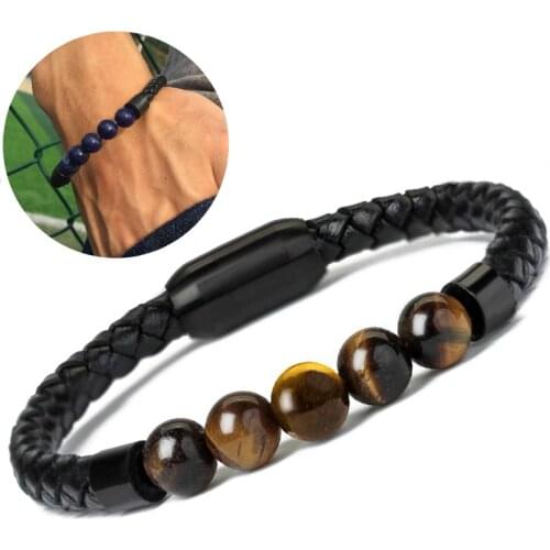 2020 New Fashion Charm Male Leather Bracelet Lava Chakra Stone Beads Black Stainless Bracelets & Bangles for Men Punk Jewelry