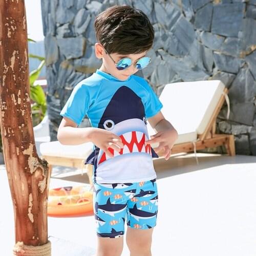 2021 New Beach Cartoon Shark Children Swimsuit Kids Surfing Suit 2 Pieces Swimsuits For Boys