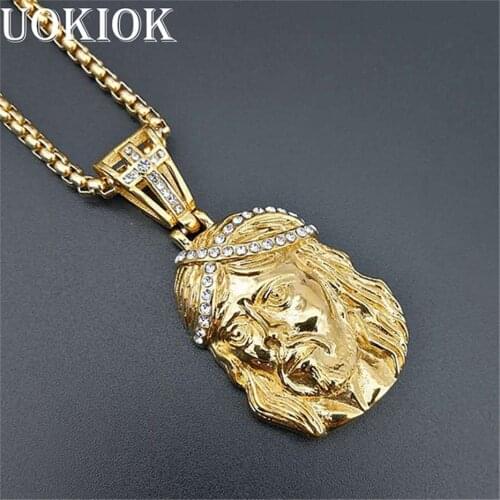 Hip Hop Iced Out Bling Jesus Head Necklace Pendant For Men/Women Gold Color Stainless Steel Cross Necklace Christian Jewelry