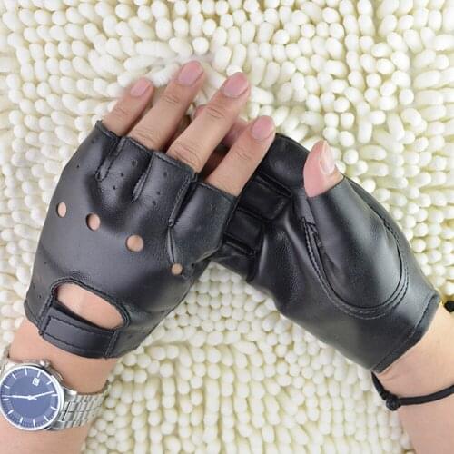 1pair Unisex Artificial Leather Half-Finger Gloves Anti-Skid Hollow Leather Gloves Hip-Hop Cycling Gloves Fingerless Mittens