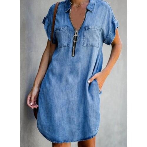 V-Neck Demin Dress Women Summer Cotton Short Sleeve Zipper Dresses Female Fashion Jeans Pocket Dresses Vestido