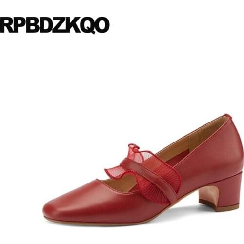 Size 33 Sweet Square Toe High Heels Ivory Lace Bridal Shoes Medium Wine Red Mary Jane Chunky Ladies Pumps Strap Genuine Leather