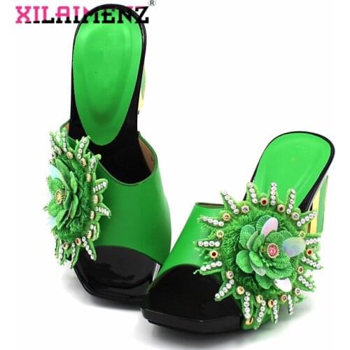 Fashionable New Coming Sweet Style Women Shoes in Green Color Mature African Women Slipper for Wedding with Appliques