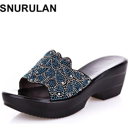 SNURULANLarge size women sandals summer 2020 fashion woman genuine leather slippers middle ages wedge shoes mother slippers